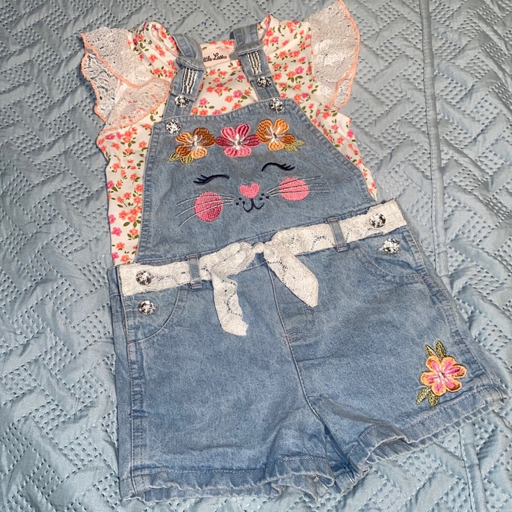 2 piece overall shorts with flutter sleeve short sleeve top floral bunny girls 5